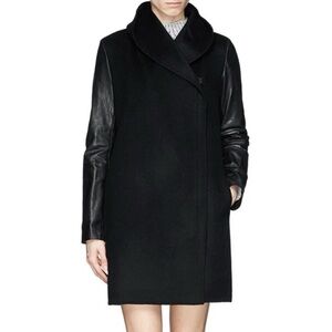 Vince Black Leather-Sleeve Shawl Collar Wool Trench Coat